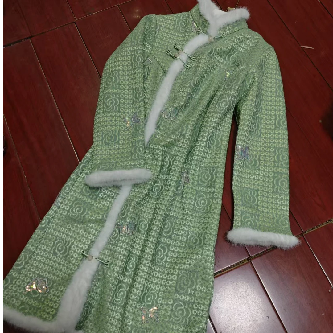 恬子梦 T598 冬季新款 绿非非 裙长90 加绒加厚长袖旗袍