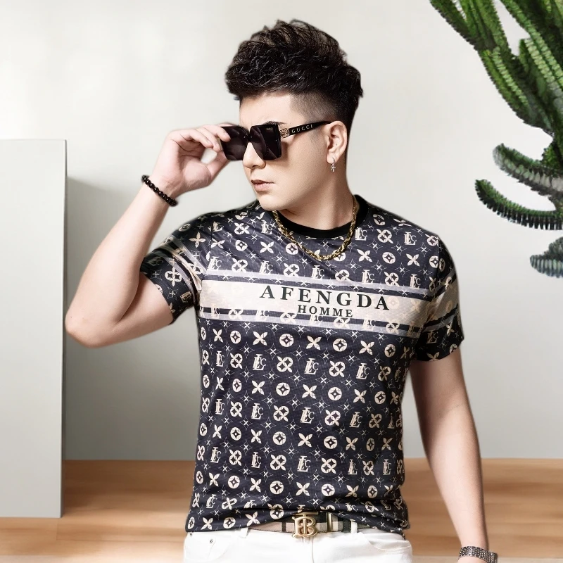 诺顿雷斯欧洲站轻奢满花冰丝短袖男新款夏季小众撞色印花半袖T恤