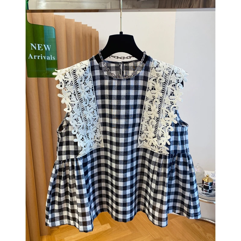 韩系蕾丝花边格子无袖上衣女夏2025新款宽松漂亮圆领背心衬衫小衫