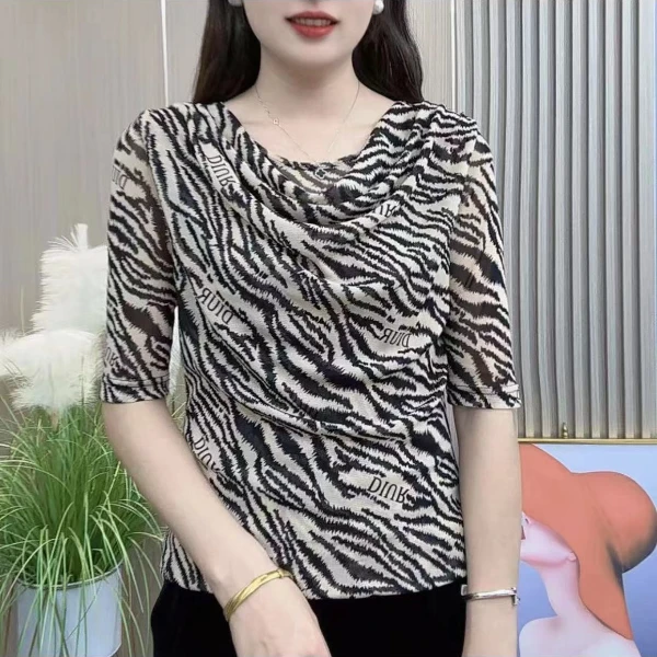 2025夏女士堆堆领新款时尚印花显瘦气质洋气百搭中袖小衫女上衣潮