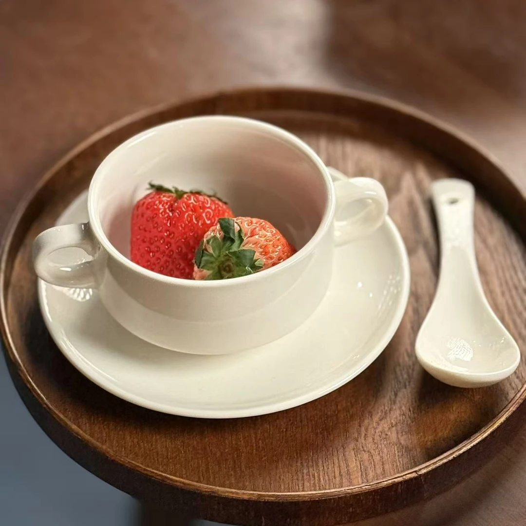 w234 3件套简约陶瓷甜品碗双耳纯白酸奶碗 微瑕 凑满20发货