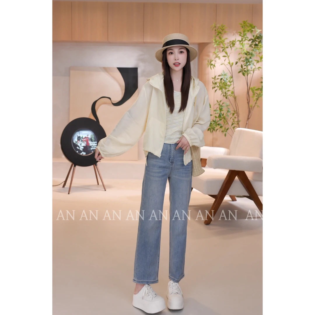 C03255新款套装纯色连帽防晒外套+条纹吊带背心时尚两件套