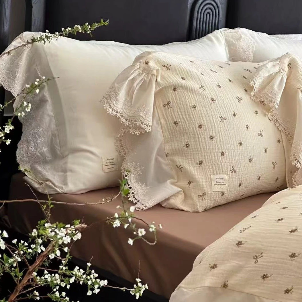 法式蕾丝大花边蝴蝶结全棉皱皱纱四件套超柔裸睡纯棉被套公主风