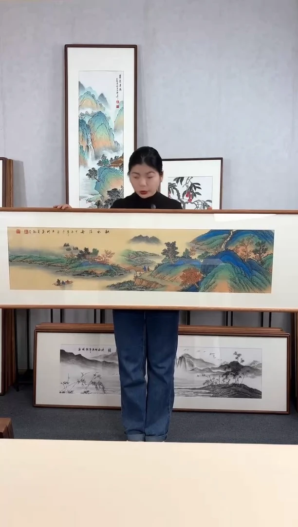 【闪购商品】国画手绘*秋水泛舟*52*172cm实木框