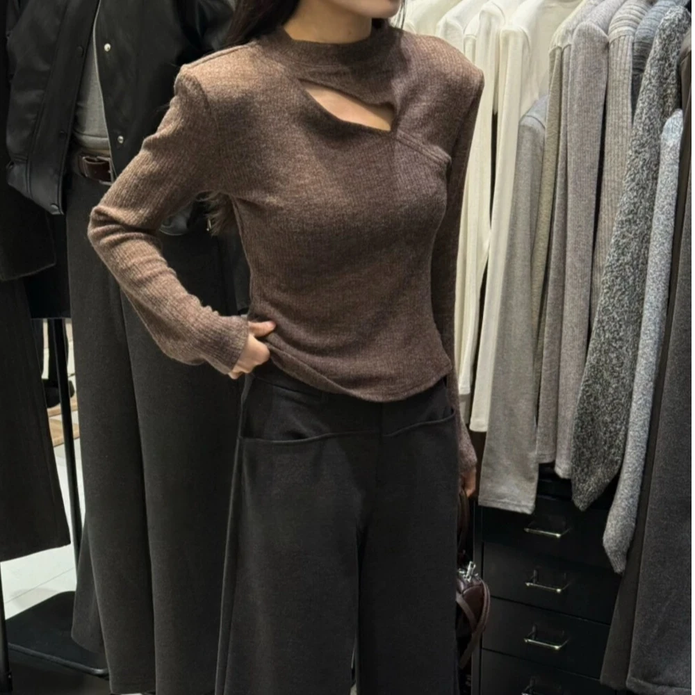 新款小众韩版时尚百搭显瘦圆领长袖针织衫女设计感上衣