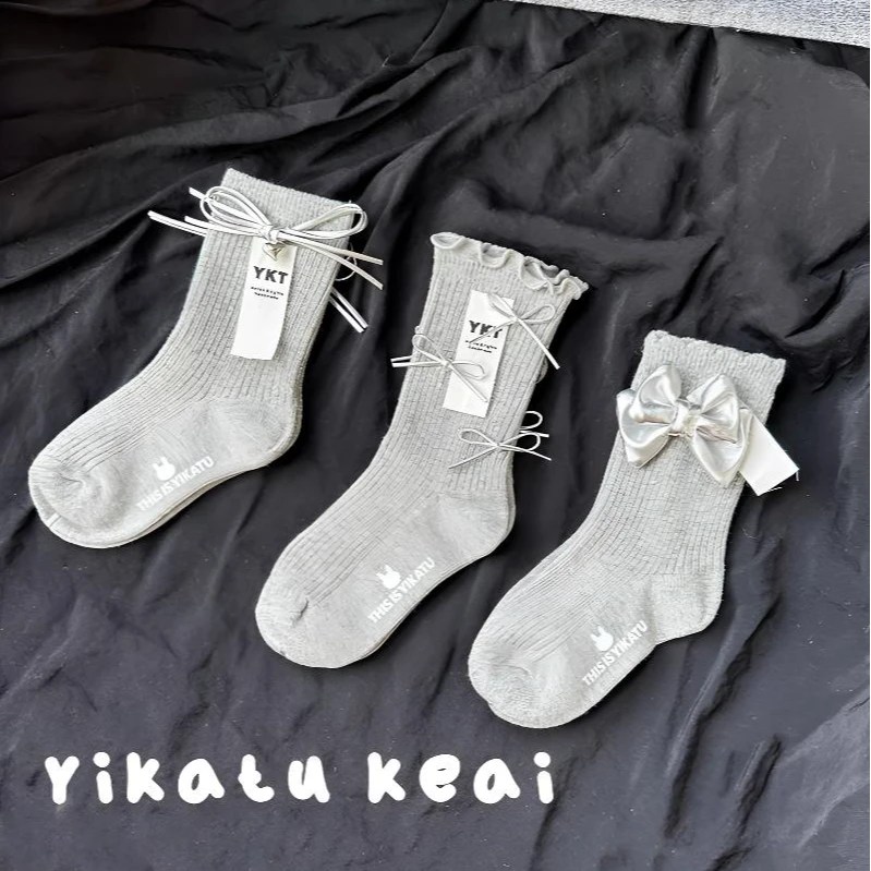 伊卡兔2024年秋冬新款灰色蝴蝶结童袜ins白色袜子夏季中筒袜
