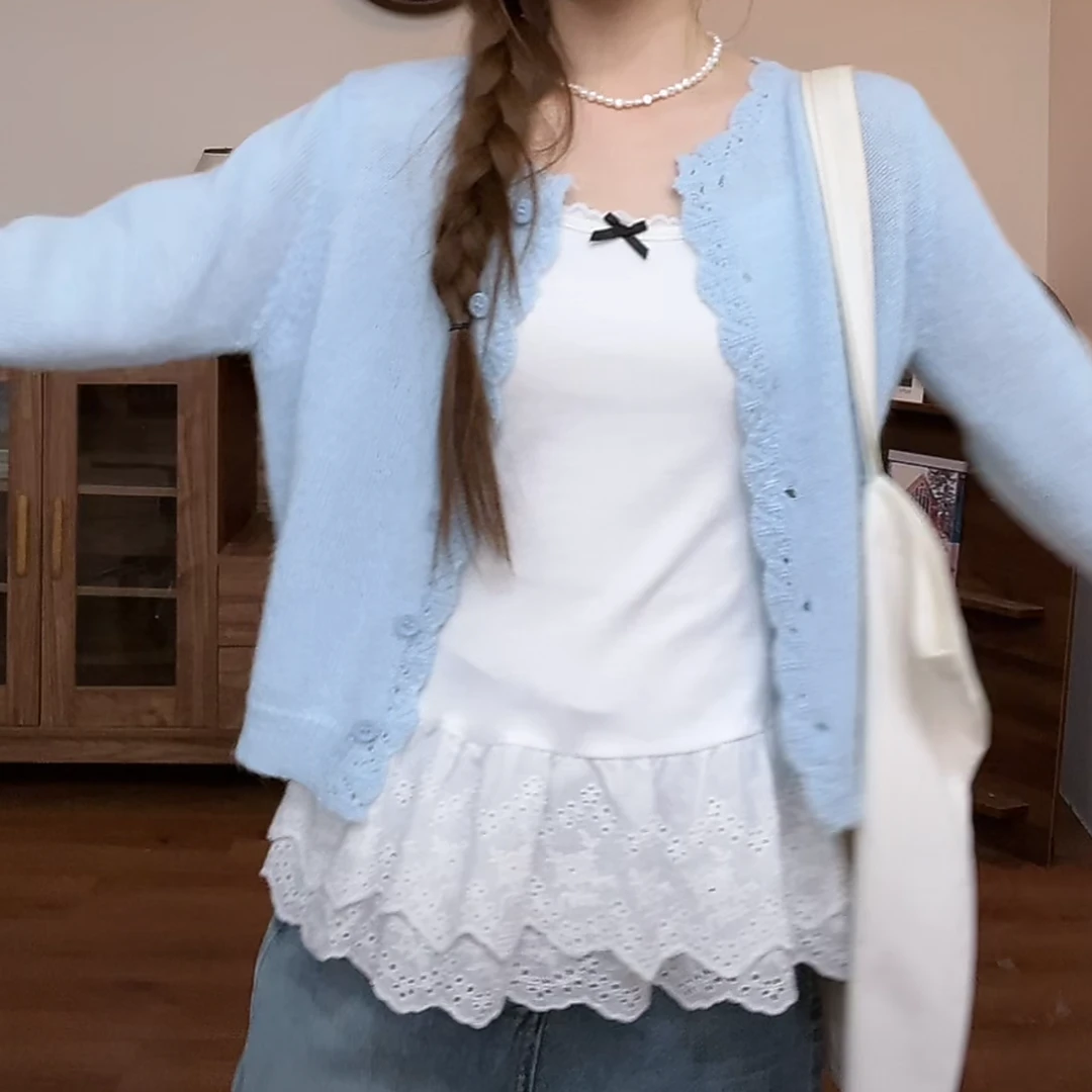 韩系穿搭蓝色针织开衫女2025新款春季宽松显瘦设计感花边长袖上衣