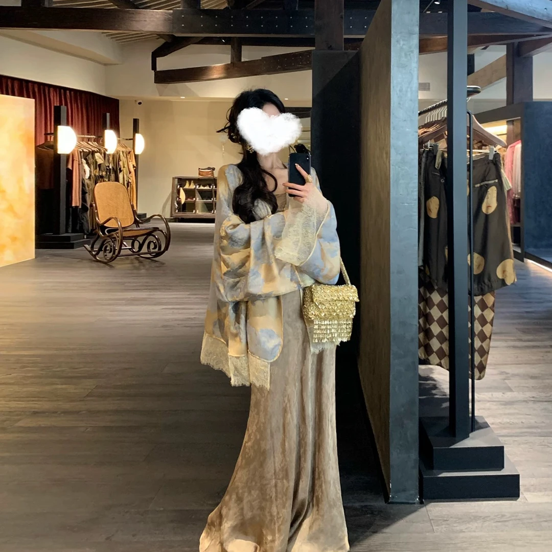 【墨花微敛】女装国风新中式大A摆暗纹吊带长款连衣裙套装