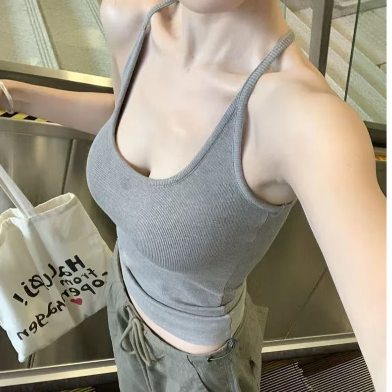 甜酷辣妹挂脖吊带背心女带胸垫夏季韩版百搭显瘦设计感小众上衣