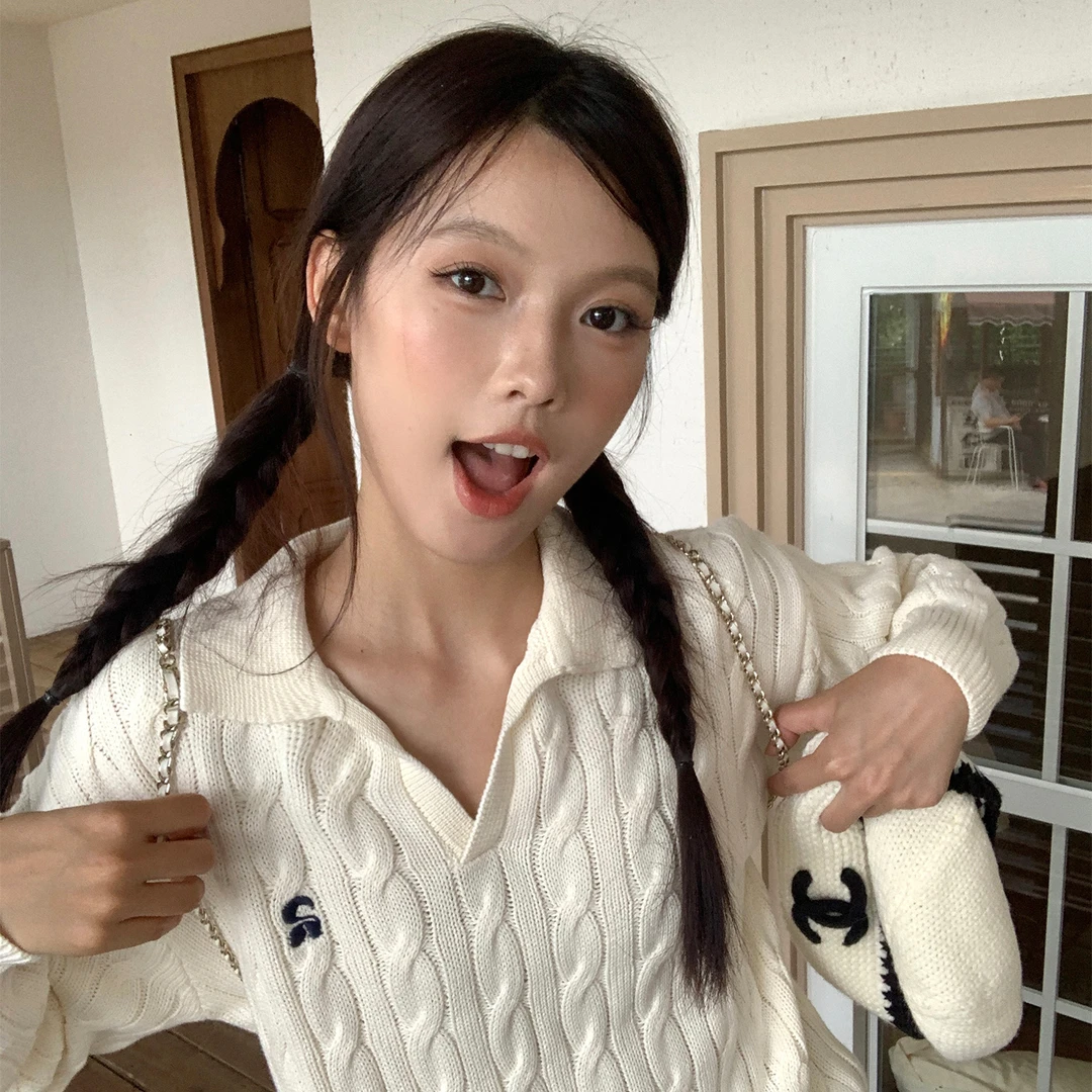 BESOBER原创绞花工艺翻领印花麻花毛衣女V领休闲头针织上衣秋