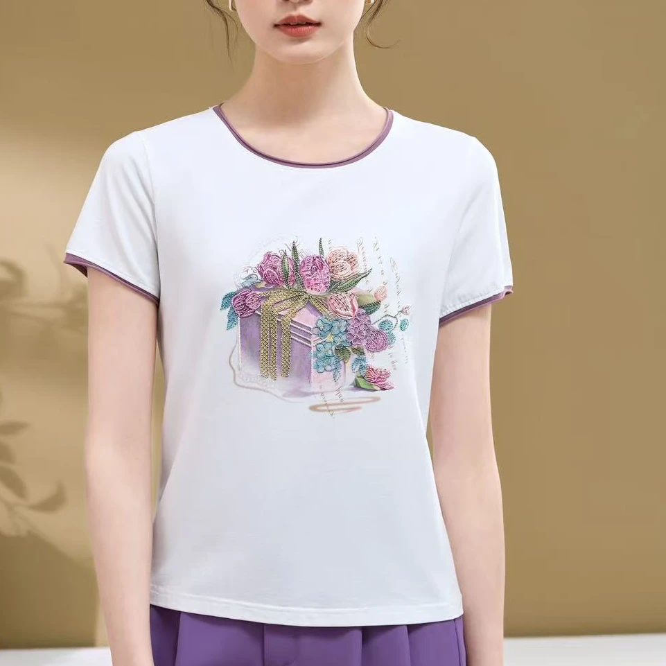 【夏日牡丹】绣花短袖圆领显瘦T恤设计感女ins搭休闲宽松上衣36035