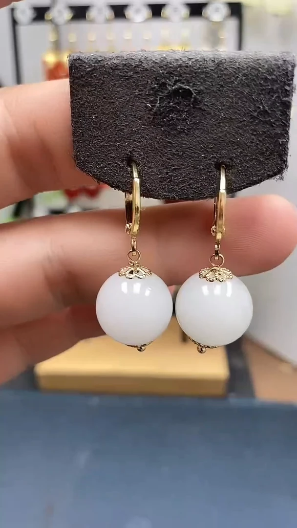 银S925镀金镶嵌和田玉耳饰尺寸14mm耳扣55