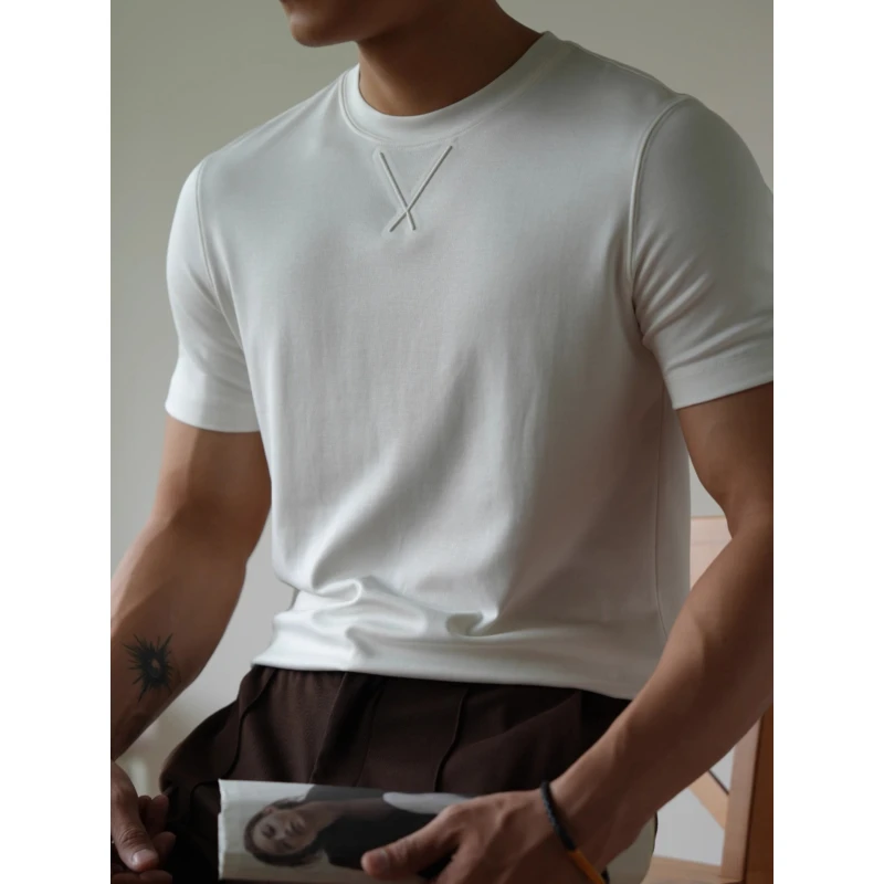 丝光棉短袖T恤男士夏季3D压花设计凉感抗菌纯色圆领上衣休闲百搭