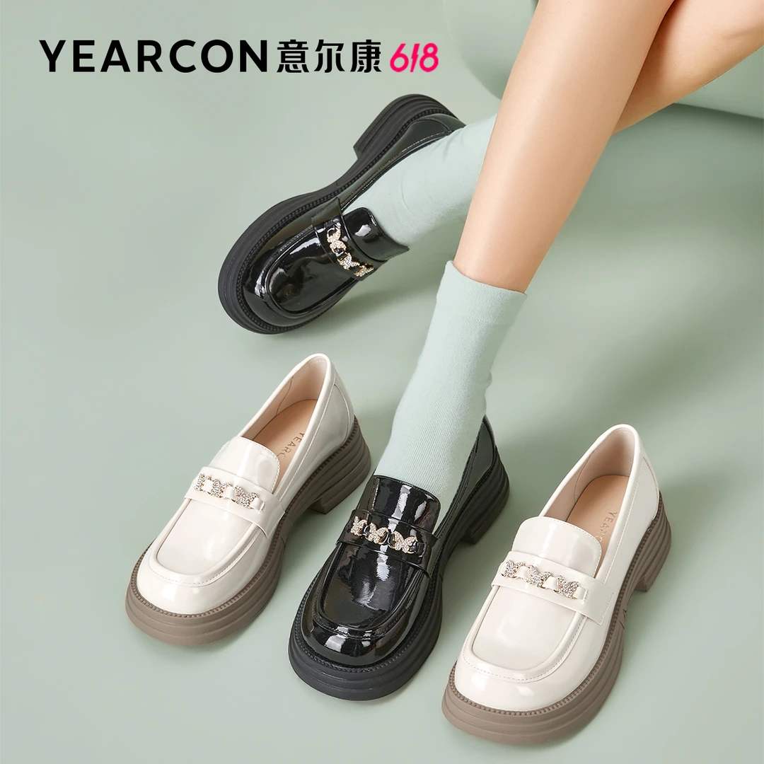 意尔康女鞋春季女士乐福鞋英伦风小皮鞋通勤休闲单鞋粗跟工作鞋