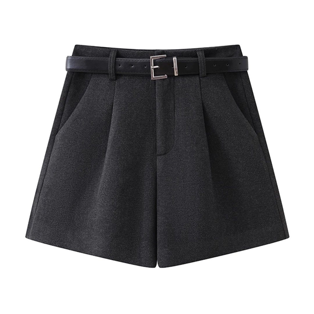 复古灰色毛呢短裤女秋冬小个子外穿百搭显瘦高腰a字阔腿裤靴裤子