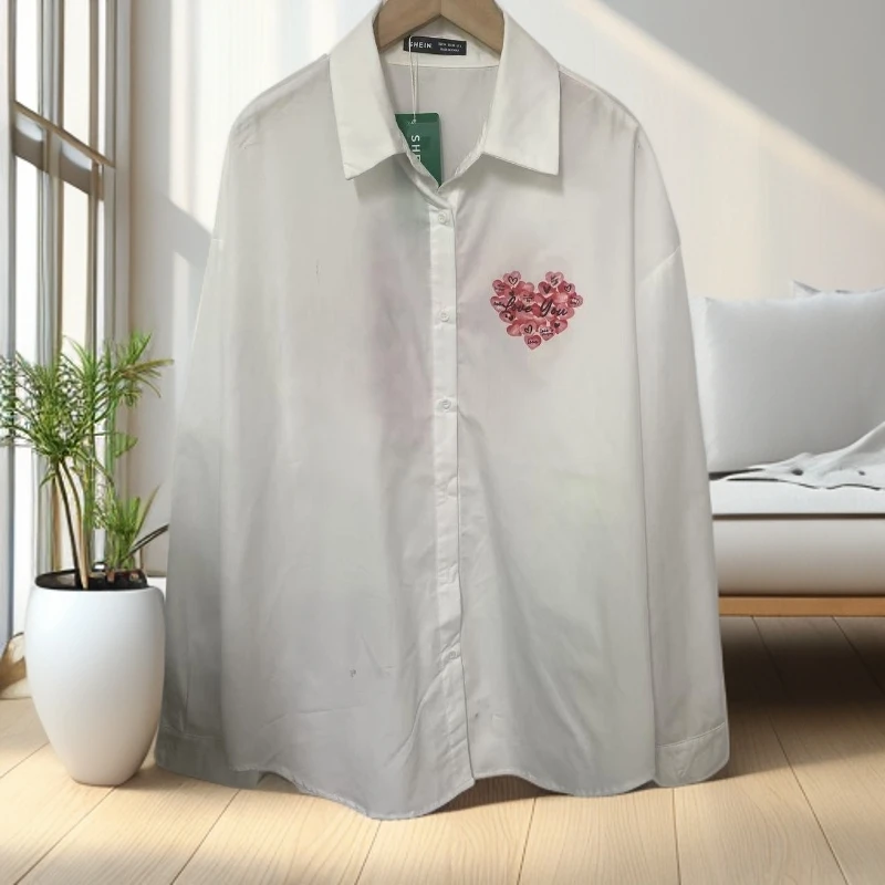 7517男女同款爱心长袖衬衫潮流上衣宽松休闲百搭衬衣