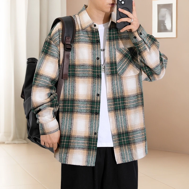 长袖衬衫男士春秋休闲打底开衫美式宽松格子衬衣外套潮流帅气男装