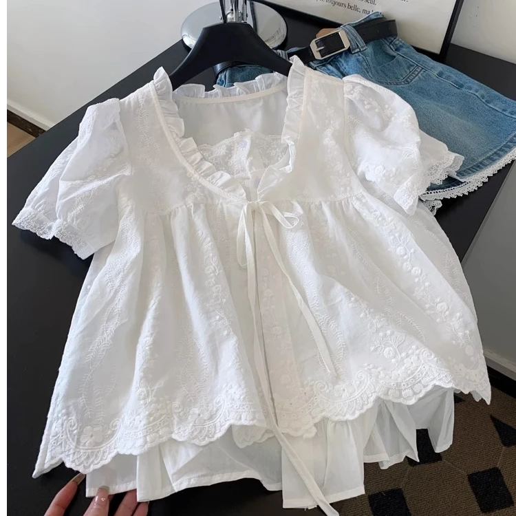 韩系甜美风时尚百搭休闲设计感超好看白色蕾丝边衬衫2025夏季新款