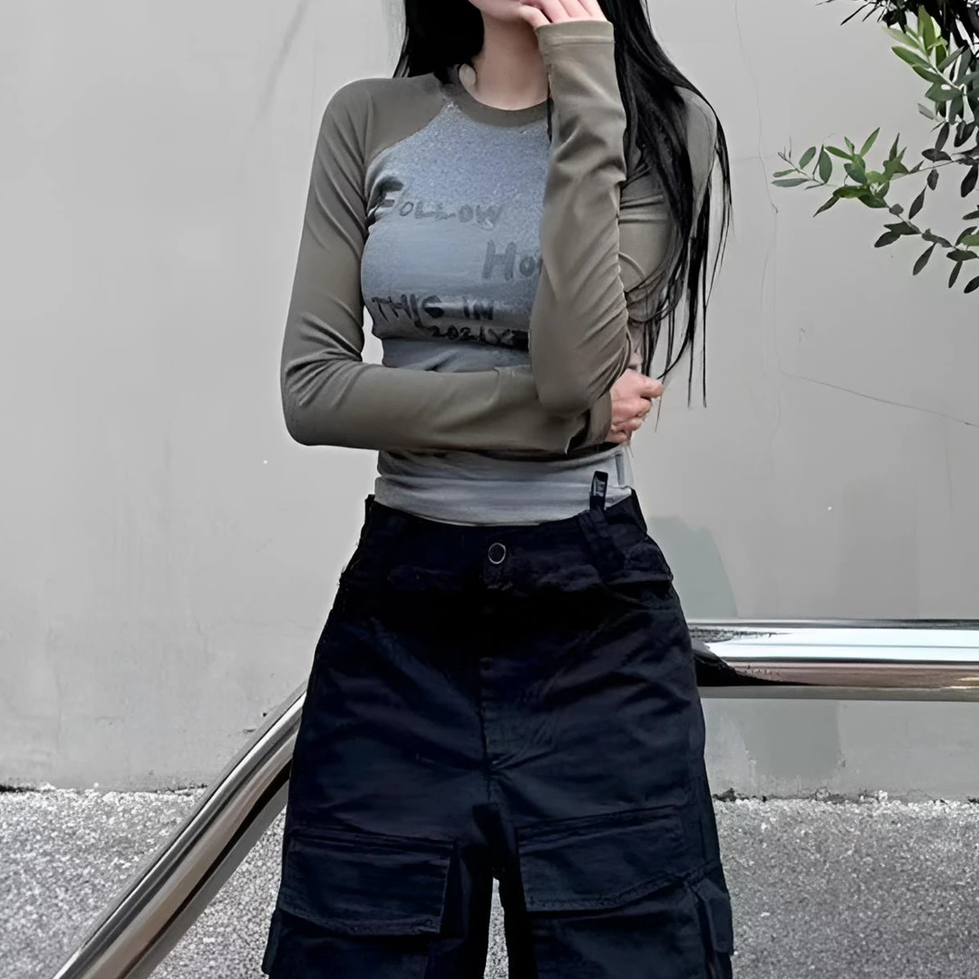 美式正肩设计感撞色长袖t恤女春秋内搭打底衫修身显瘦辣妹上衣