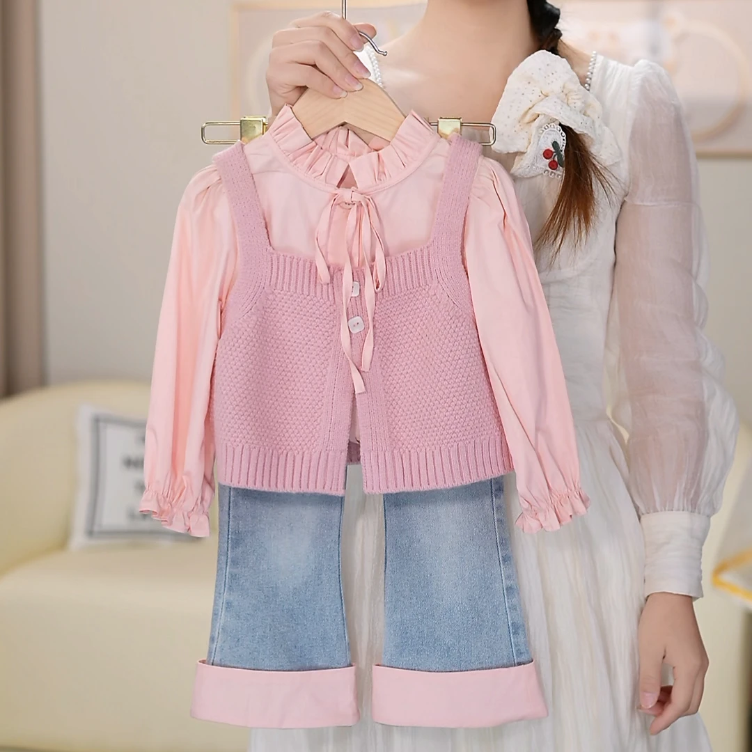 2025春季新款洋气蝴蝶结马甲女童针织毛衫时尚百搭牛仔衬衫套装