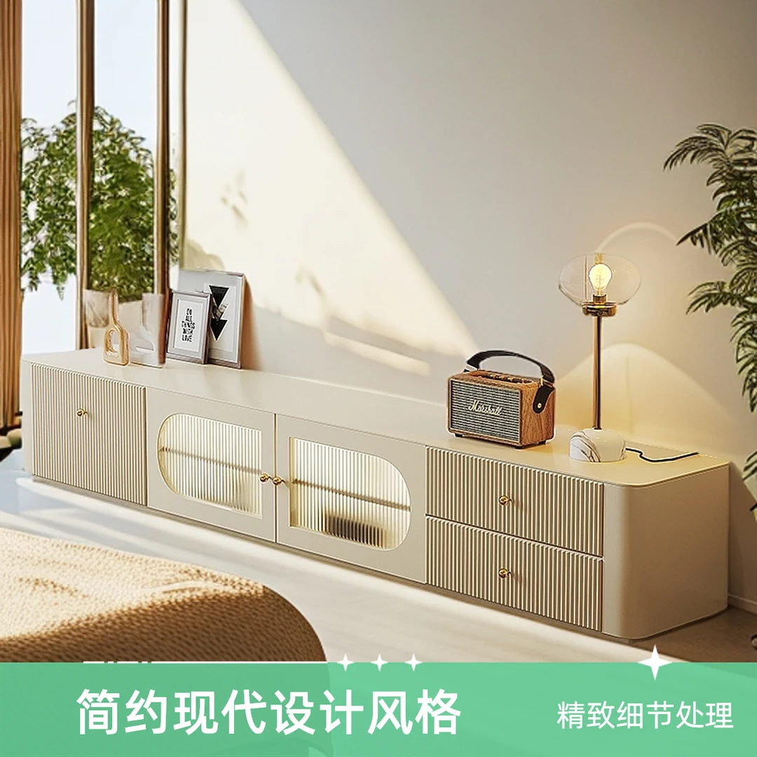 奶油风电视柜茶几组合轻法式客厅实木落地白色烤漆长虹玻璃电视柜