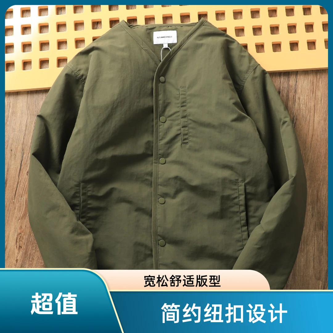 仓石一树潮牌男士复古宽松无领棉服外套保暖休闲百搭棉衣夹克上衣