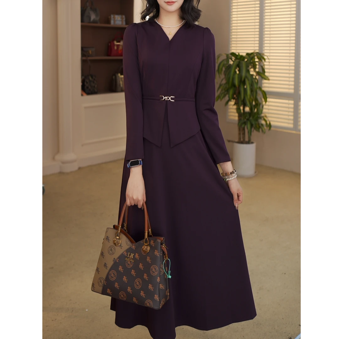 气质收腰长袖连衣裙女春秋洋气假两件#9986