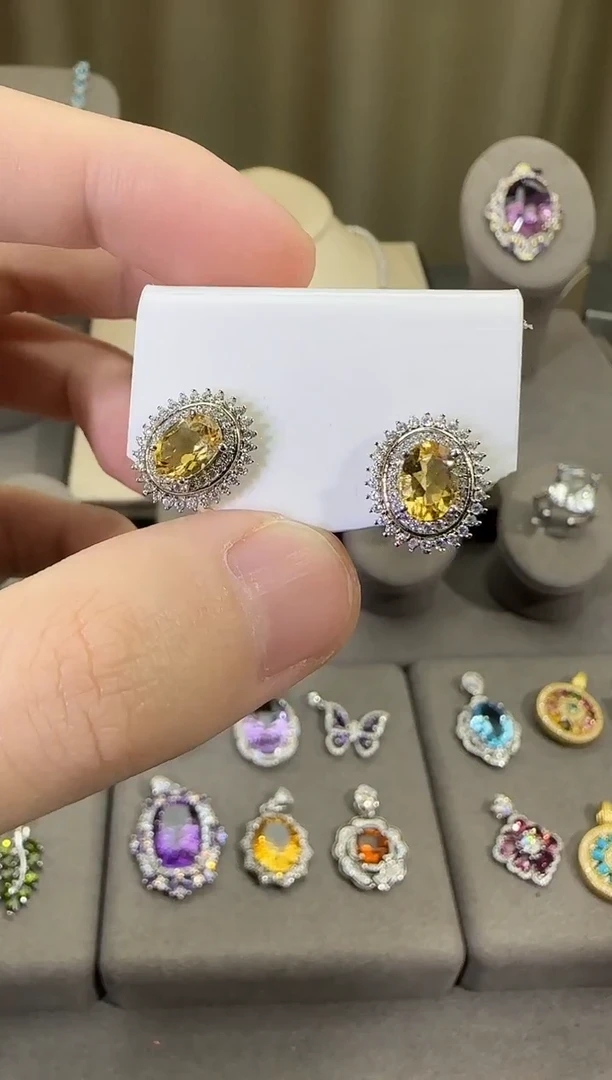 银S925镶嵌耳饰黄晶6*8mm耳钉简约款