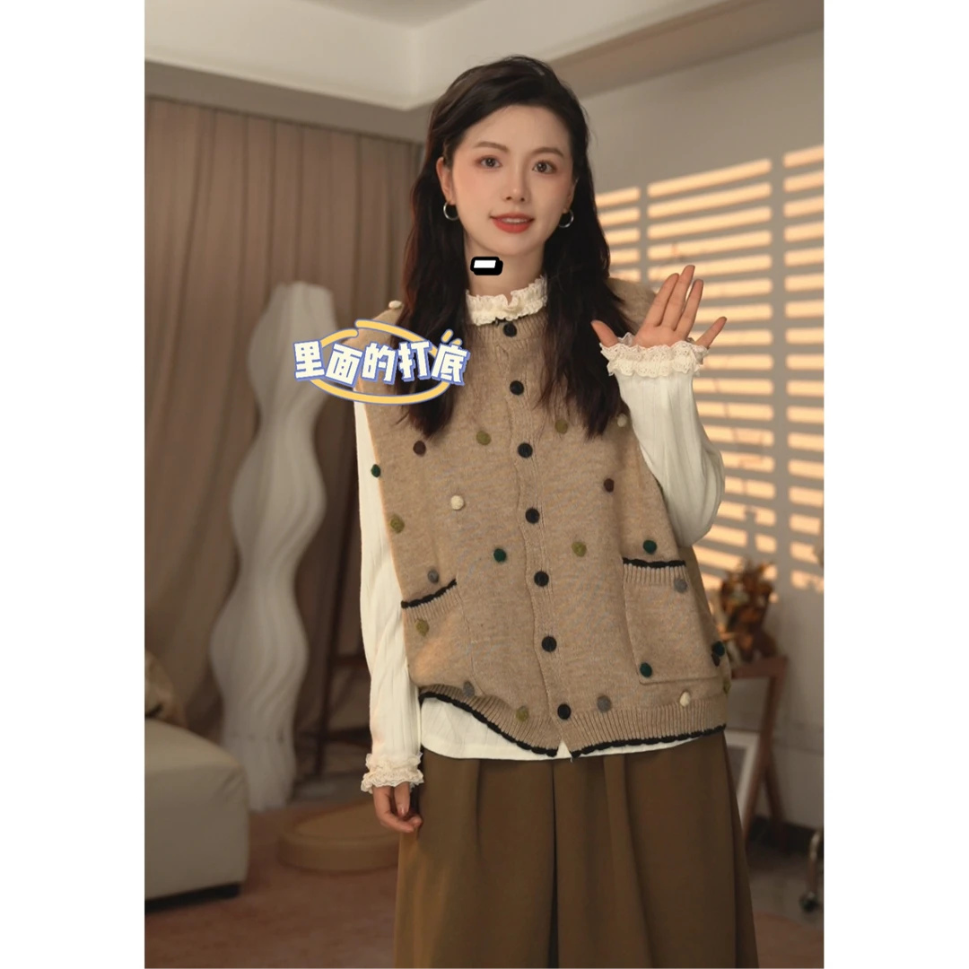 圆圆【白梨入梦】 花边百搭宽松秋冬设计感拼接针织打底衫 YY 6361