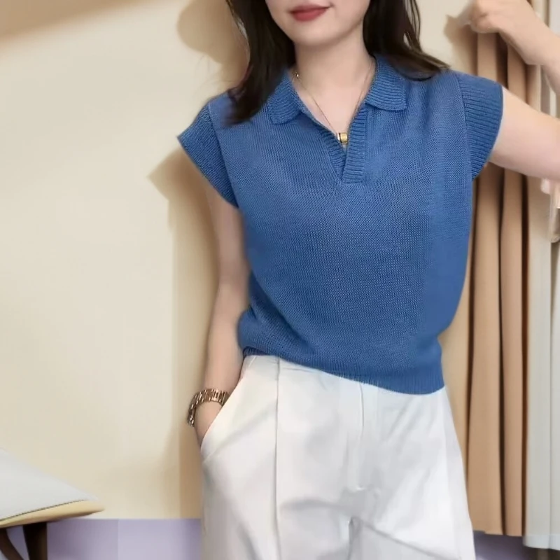 KHY1032大码女装适合胖mm玫粉色polo领气质显瘦翻领针织短袖上衣