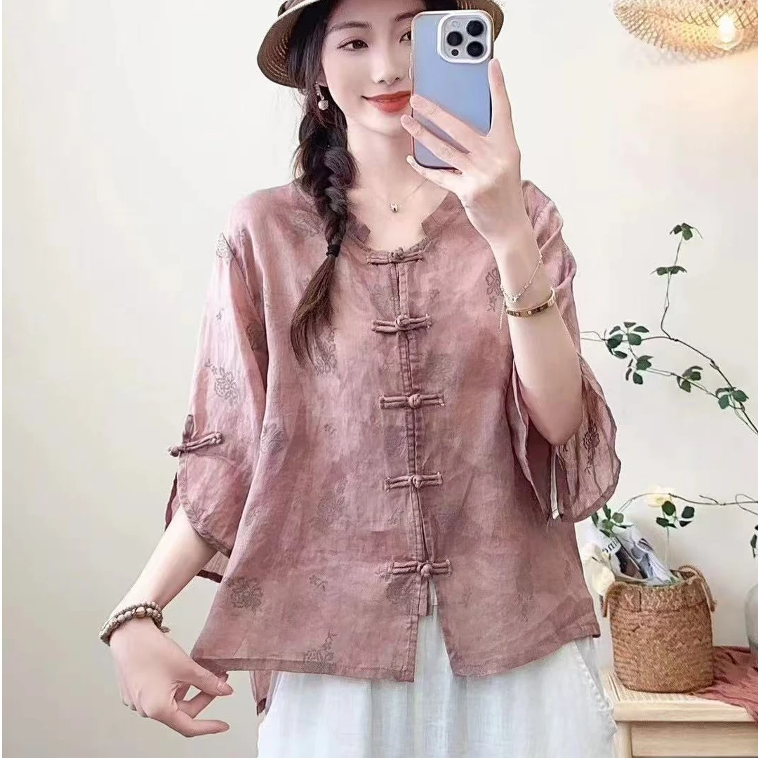 复古盘扣苎麻衬衣