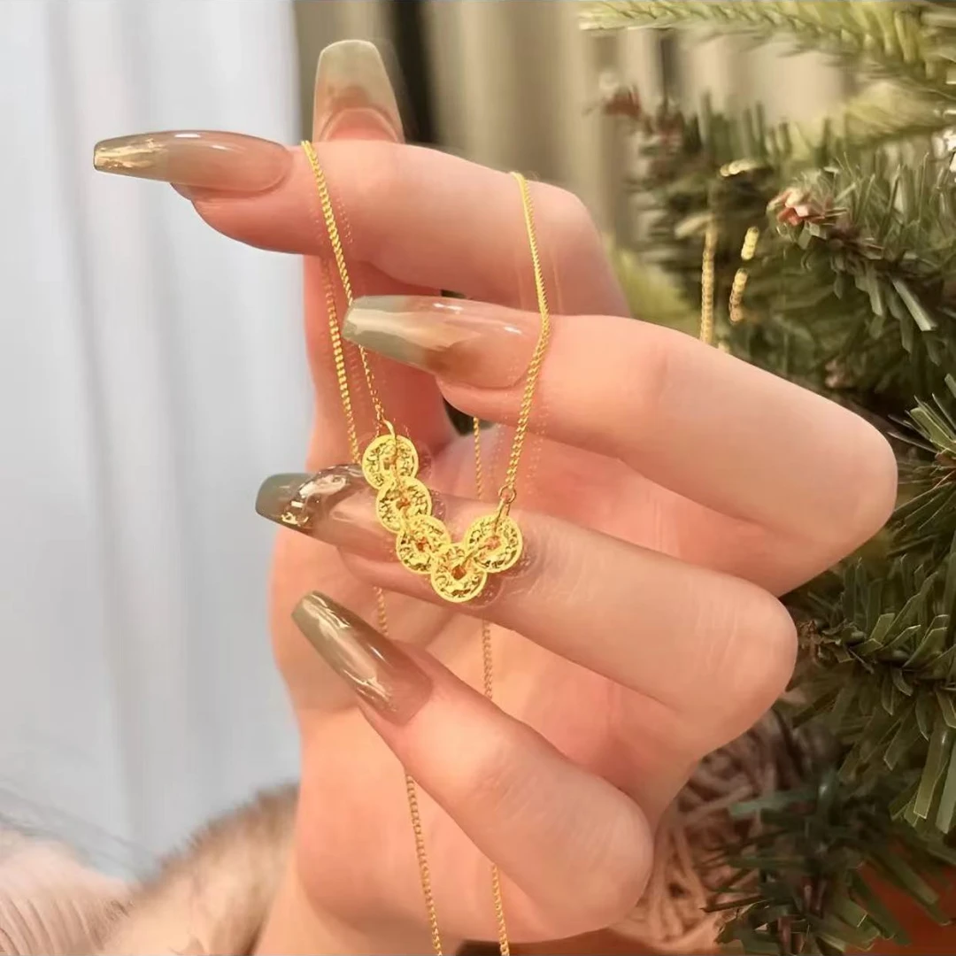 合金项链 定制版钱多多龙鳞五帝钱项链 金色碎碎冰项链