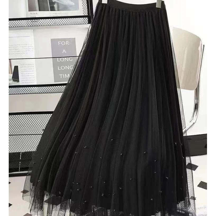02【裙长82】重工钉珠网纱裙高腰秋冬女气质仙女百褶裙中长a字裙