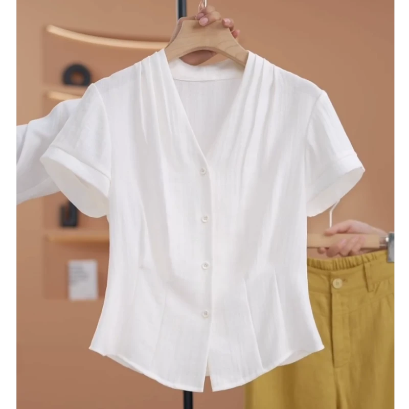 【现货】【荣荣】法式v领衬衫女夏款设计感小众短袖衬衫-Y17194