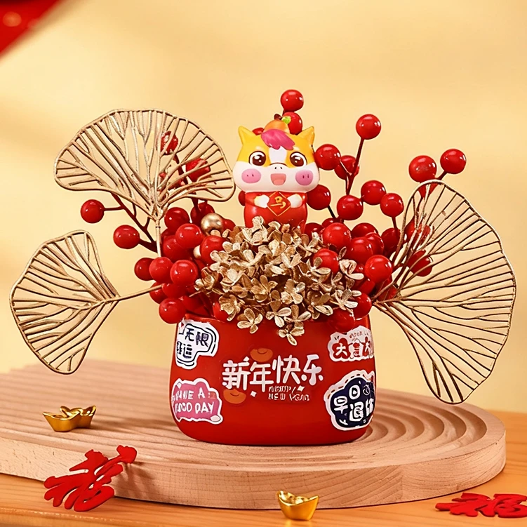 马年新年装饰福桶客厅红果发财树摆件2026新款春节过年布置小物件