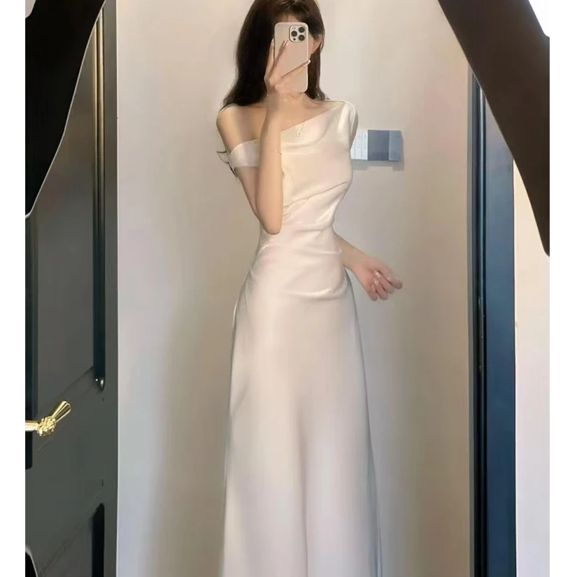 法式气质约会礼服长裙子轻奢超好看白色一字肩连衣裙长款洋气女装