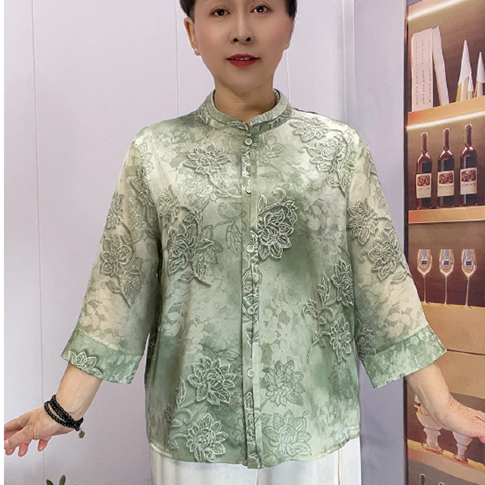 2025妈妈夏季洋气圆领衬衫中老年女装时尚洋气七分袖大花上衣开衫