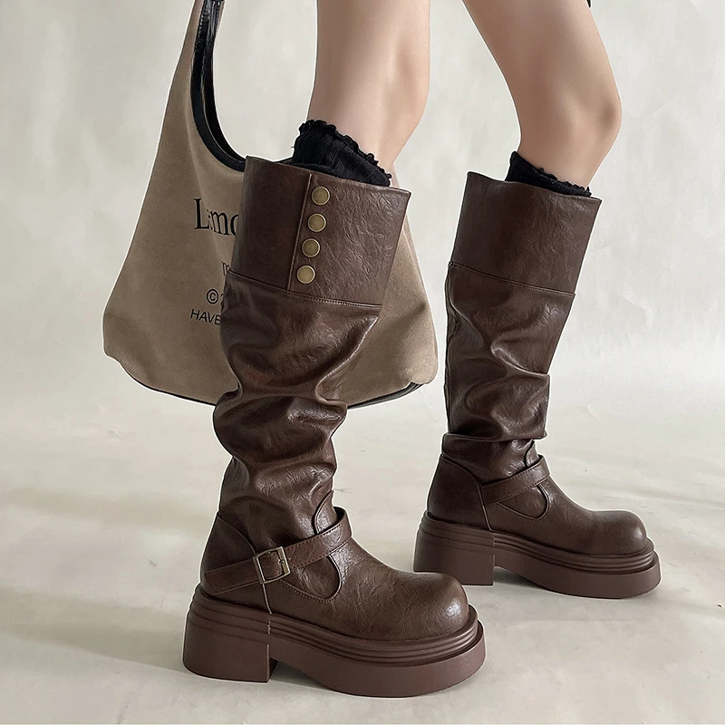 三福西部牛仔废土风长高筒靴女2025秋冬新款厚底堆堆靴两穿骑士靴