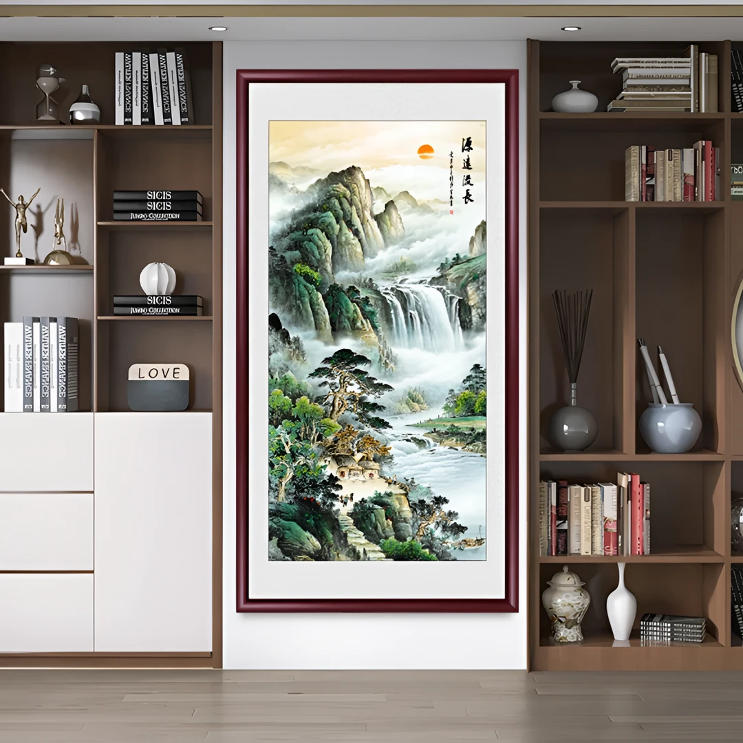 源远流长山水画国画入户玄关装饰画挂画中式竖版高档客厅过道壁画