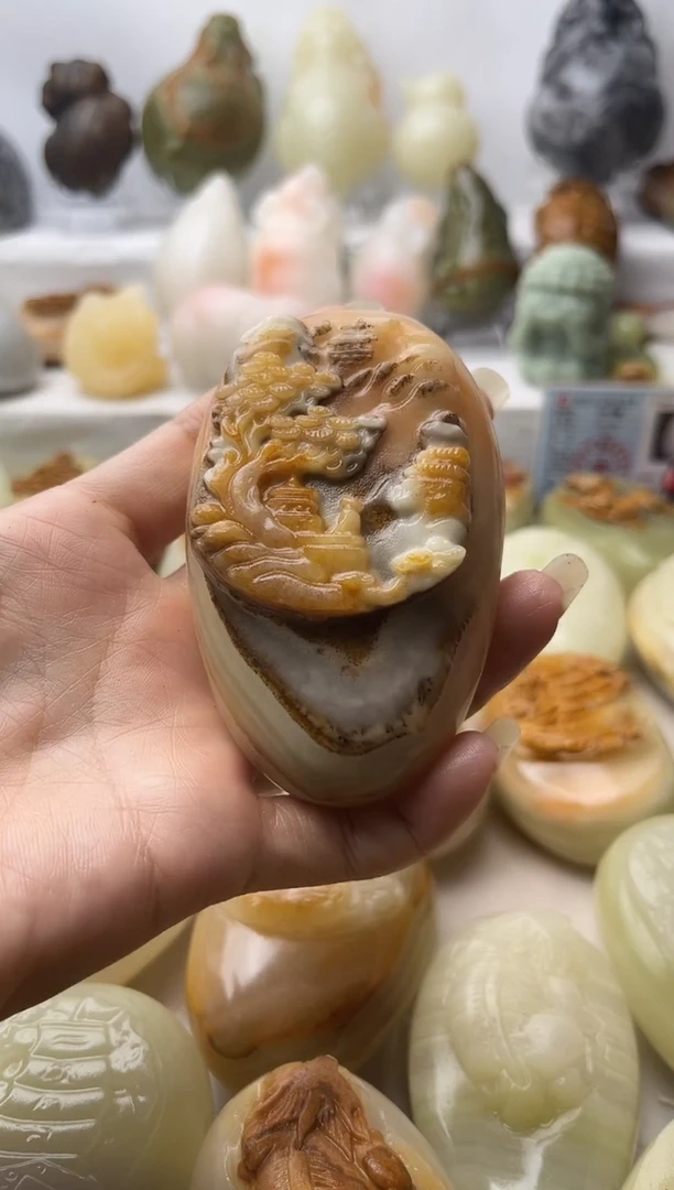 石材林**子方解石手把件不退换山水