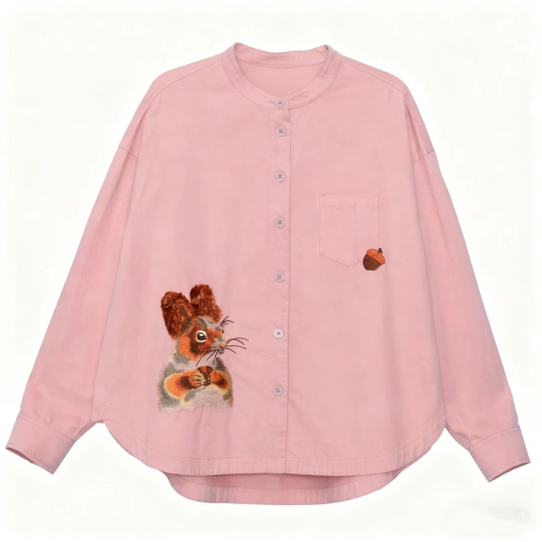 【松鼠奇遇】2025秋季新款小立领松鼠树绣花短款衬衫女J2616