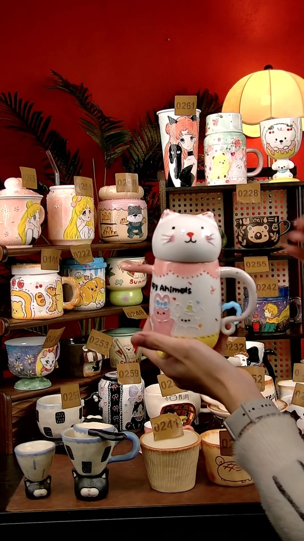 杯子瓷DIY景德镇手工创意陶瓷卡通风猫猫盖杯