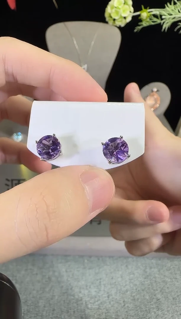 紫晶耳饰银S925镶嵌8mm耳钉