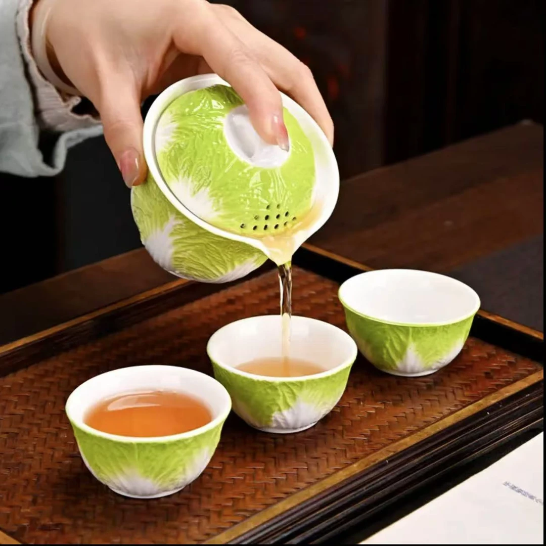 白菜便携旅行茶具陶瓷白菜快客杯一壶三杯出差车载茶具茶壶茶杯