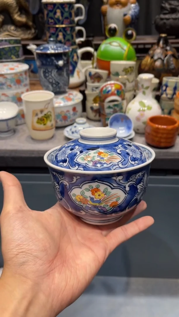 瓷片青花喜上眉梢盖碗
