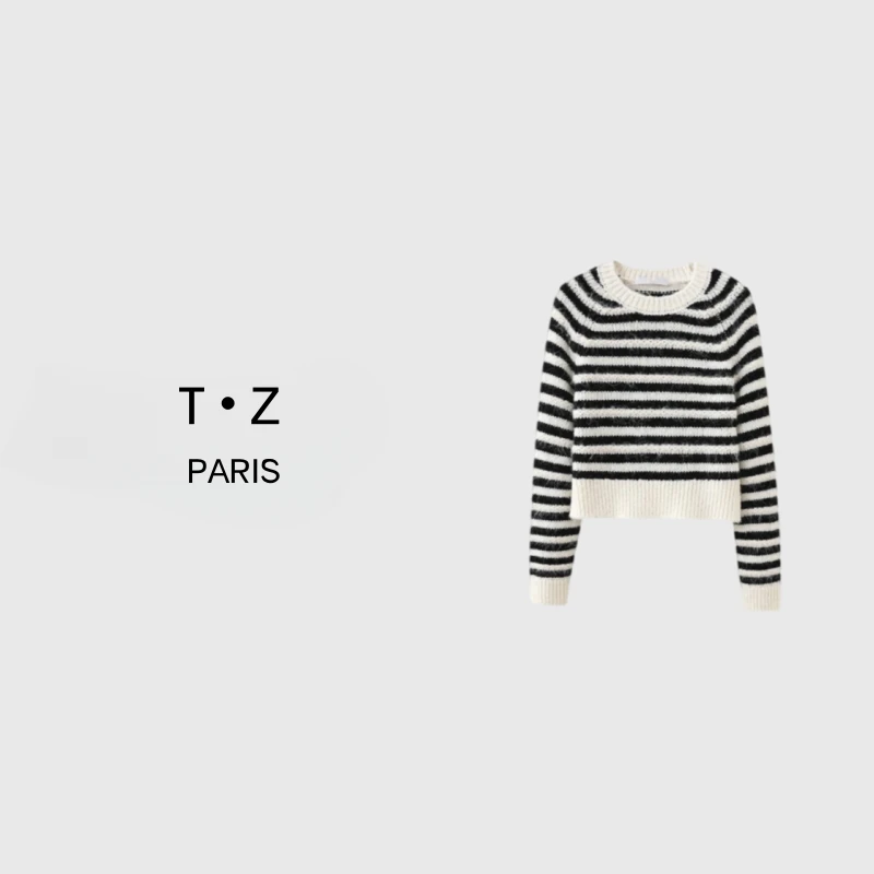 T·Z*8 长袖开衫时尚条纹黑白设计师圆领秋冬套头-8598