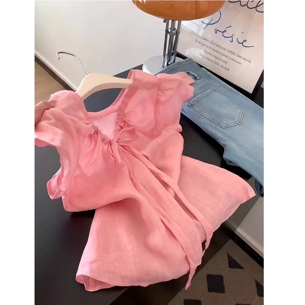 夏日粉色甜美减龄飘带露背薄衬衫女夏季圆领系带绝美百搭宽松上衣