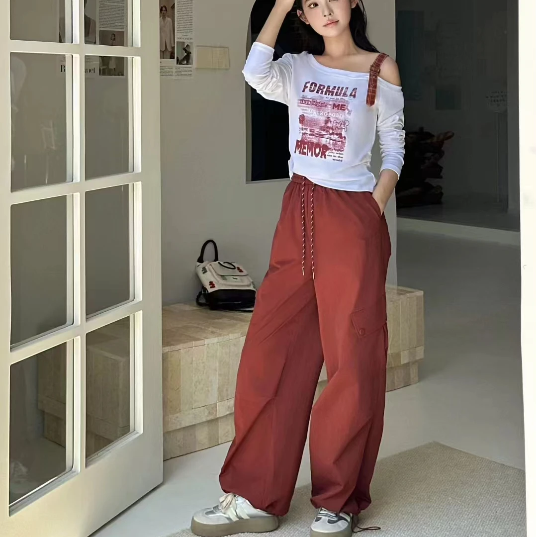 拉夏贝尔2025新款套装女设计感小众显瘦长袖上衣+工装裤两件套