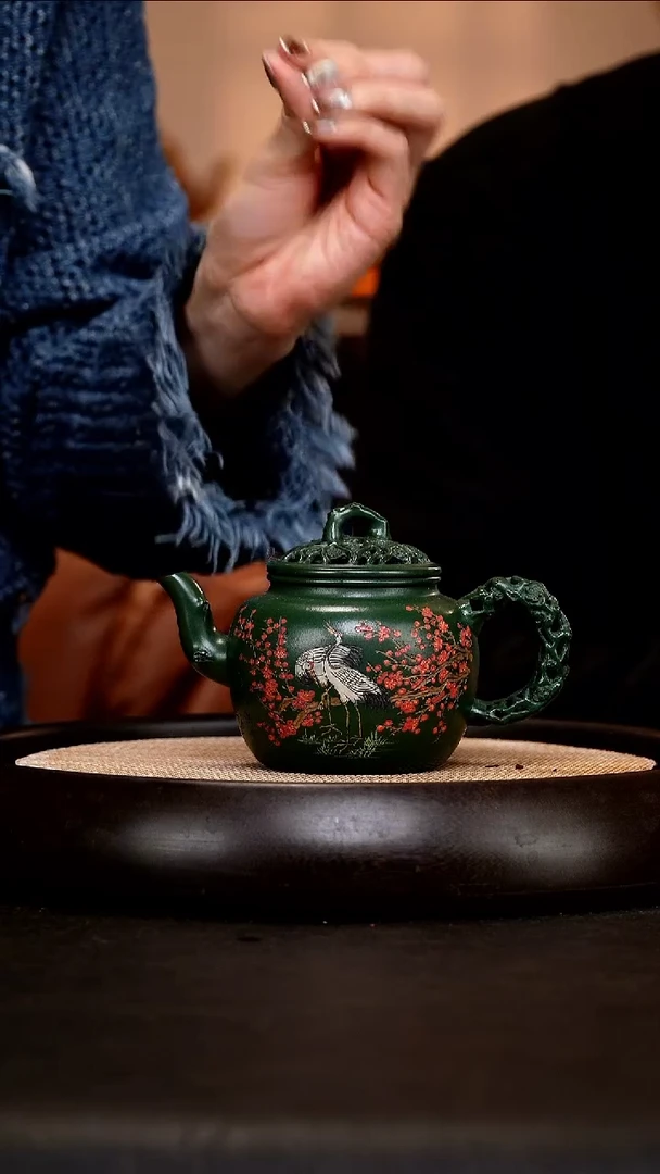 茶壶紫砂PHJ79松梅鹤韵 绿泥 320CC