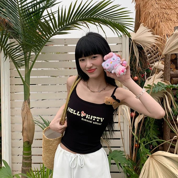 夏季新款带毛绒挂件字母印花带胸垫显瘦吊带背心外穿性感辣妹上衣